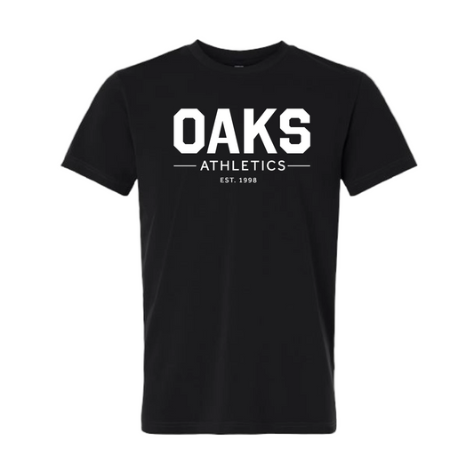 A black short-sleeve crewneck t-shirt with 'OAKS ATHLETICS EST. 1998' printed in white on the chest, shown against a plain white background.